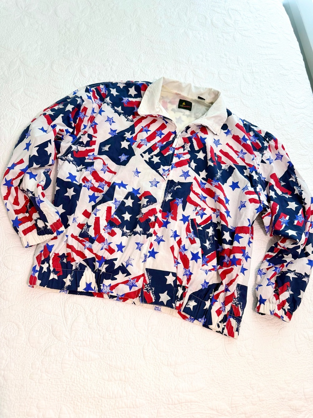 Vintage American Flag Red White Blue Windbreaker Jacket Large XL July 4th Y2K